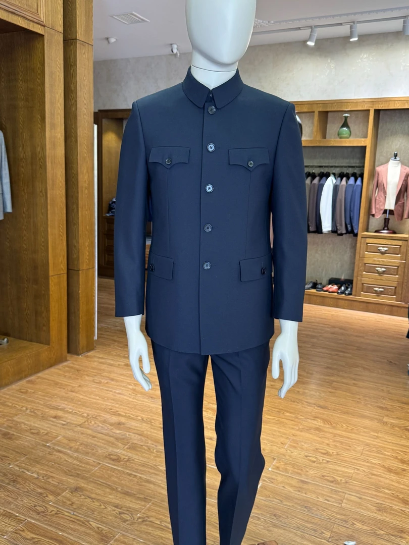 柏昊森复古国风老款羊毛藏青色军便装中山服中山装中老年中式立领