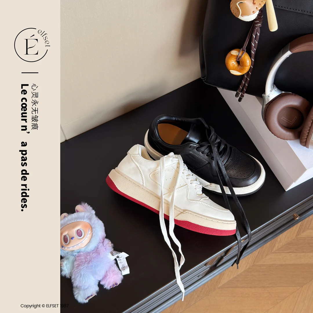 ÉLFSET | 头层牛皮小白鞋女款2025秋季厚底增高圆头百搭休闲板鞋