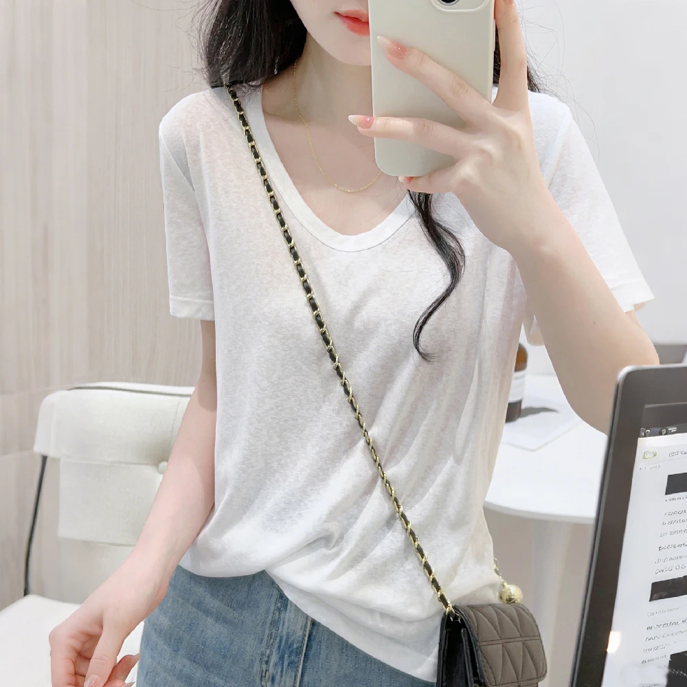 雪花棉女士简约百搭夏季薄款修身U领短袖T恤基础款透气休闲上衣潮