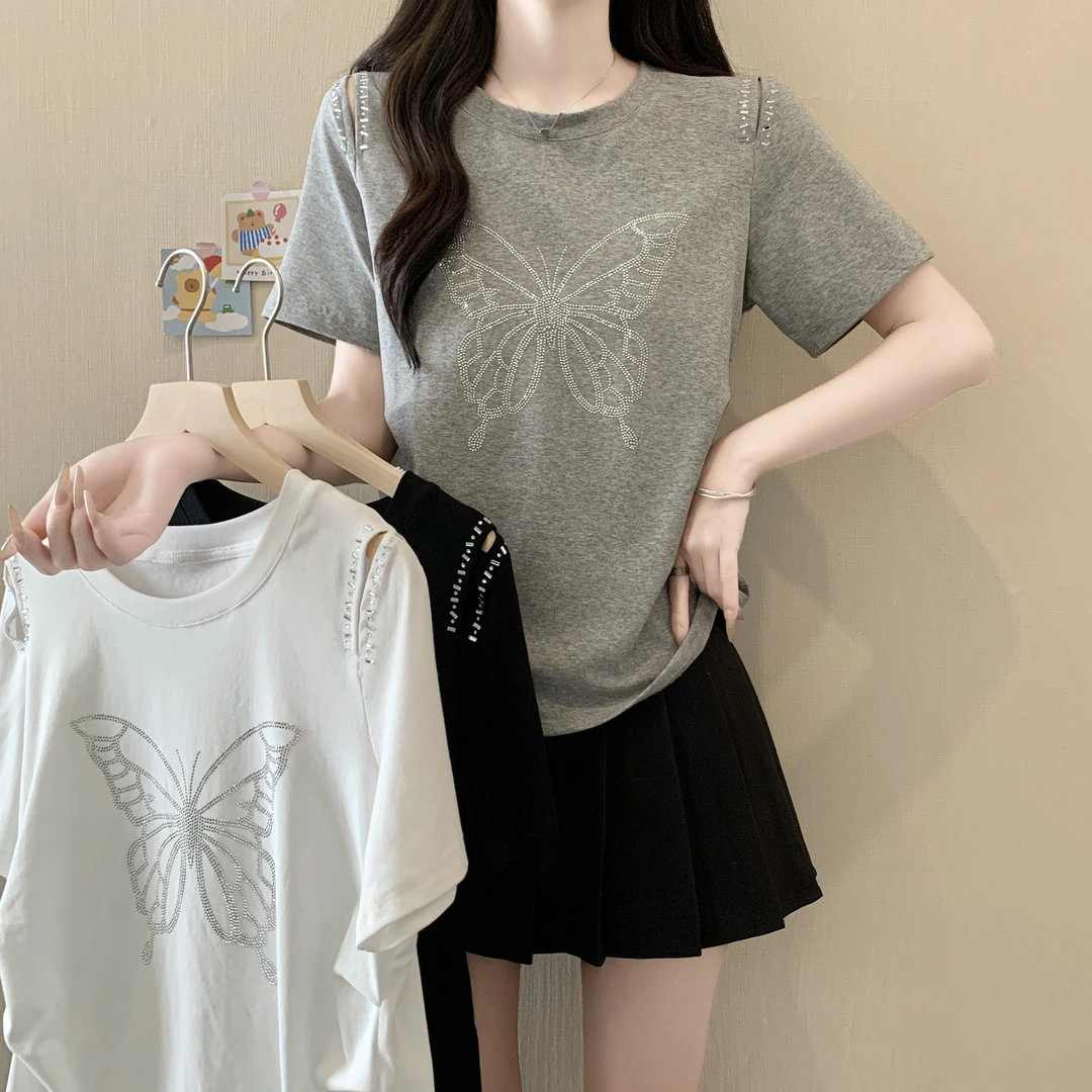 【晓晓】大码女装新款夏季重工烫钻蝴蝶露肩圆领短袖T恤