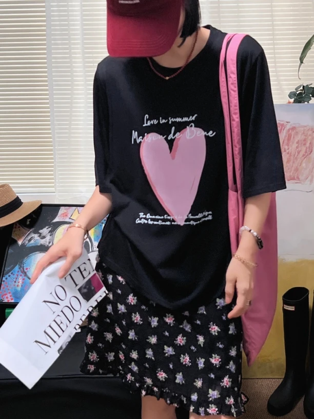 ❤️韩国代购东大门2025夏季穿搭爱心印花圆领宽松短袖T恤女
