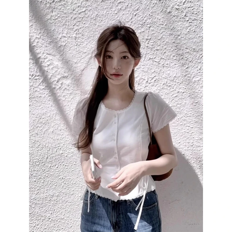 法式特别漂亮掐腰上衣白色短袖圆领衬衫衬衣女款2025新款爆款夏季