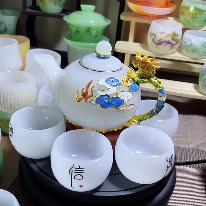琉璃中式珐琅彩龙腾盛世一壶六杯礼盒套装