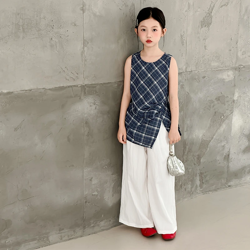女童夏季套装蓝色格子背心高级感设计小众不规则无袖上衣两件套潮
