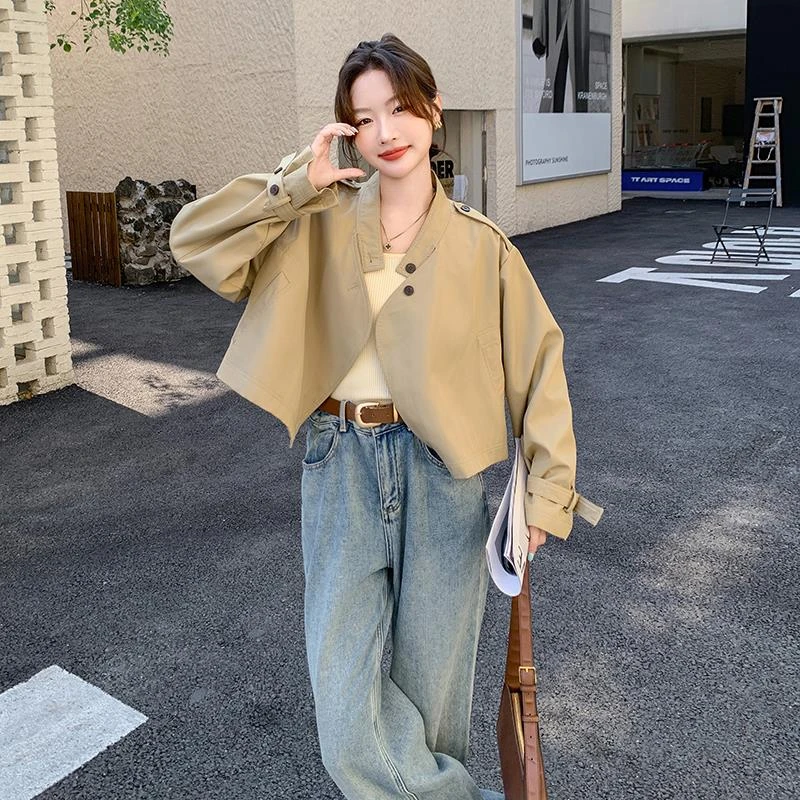 卡其色立领开衫风衣短外套女春秋新款韩版高级感时尚chic休闲上衣