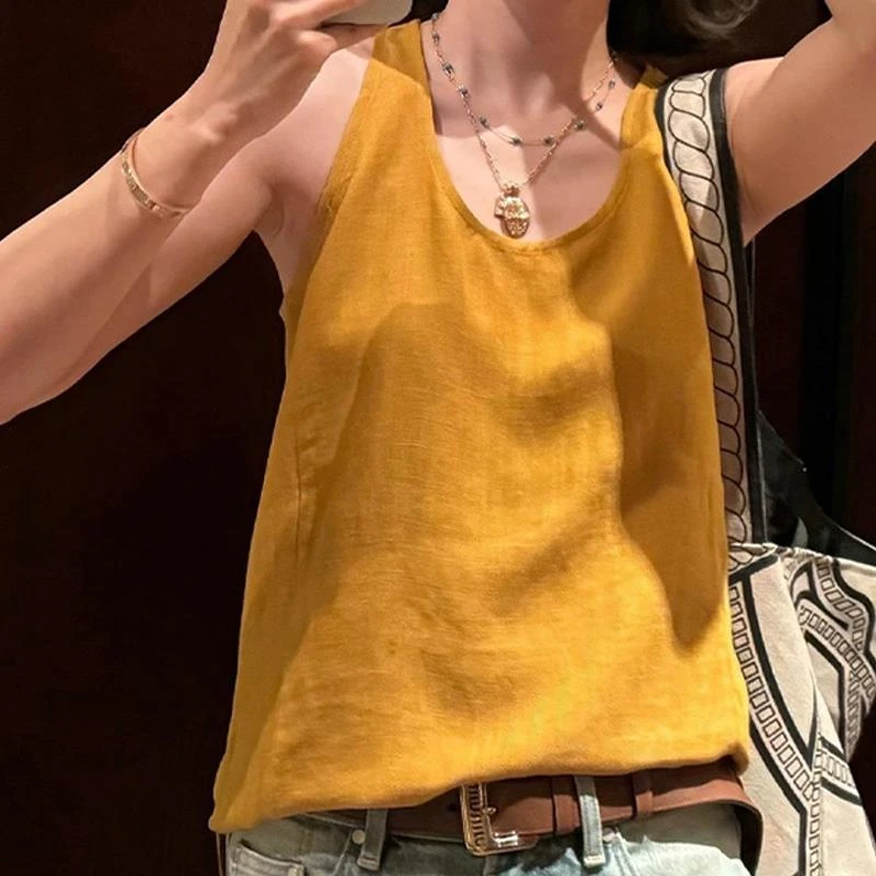 法式复古绝美黄色圆领无袖吊带背心女夏季新款超好看宽松显瘦小衫