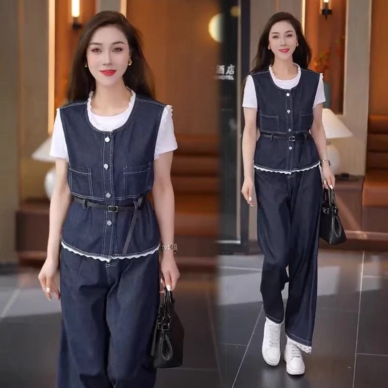时尚牛仔套装女2025夏季新款时髦洋气短袖T恤马甲阔腿裤两件套潮