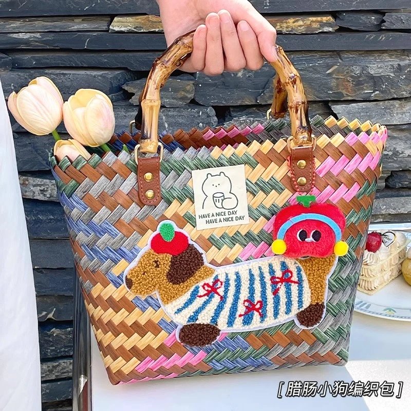 2025新款度假编织单肩包夏季野餐露营菜篮子腊肠狗大容量购物包包