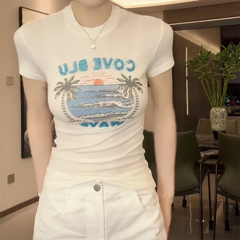 韩系气质时尚印花圆领短袖T恤女2025夏季新款修身显瘦百搭上衣潮