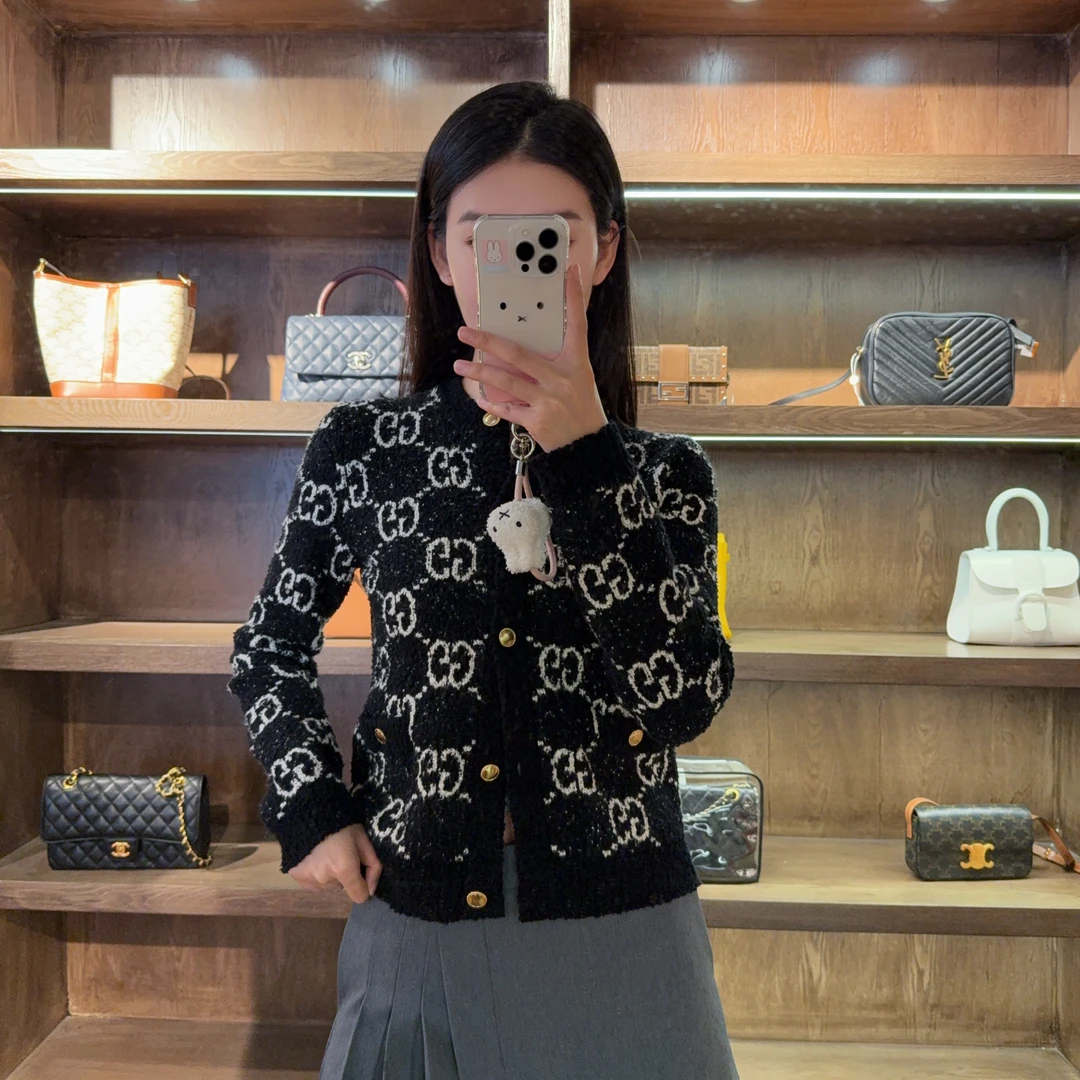 95新 GUCCI/古驰 麦殿/针织外套黑白满印logoXS码/250610WRR7S09