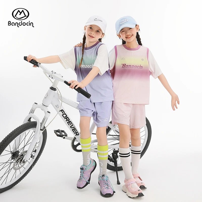 BANDOCIN篮球服女童套装假两件短袖T恤中大童凉感运动球衣训练服