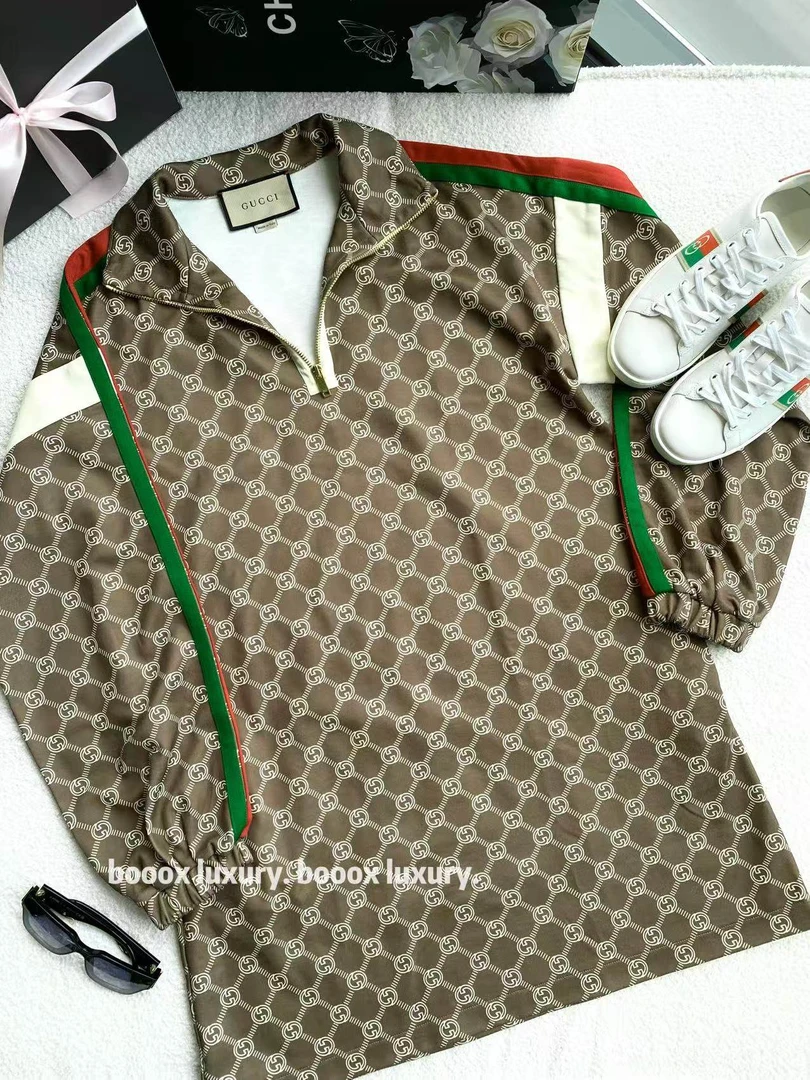 95新 GUCCI/古驰  bb2466 聚酯纤维 棕色满印logo连衣裙 S码