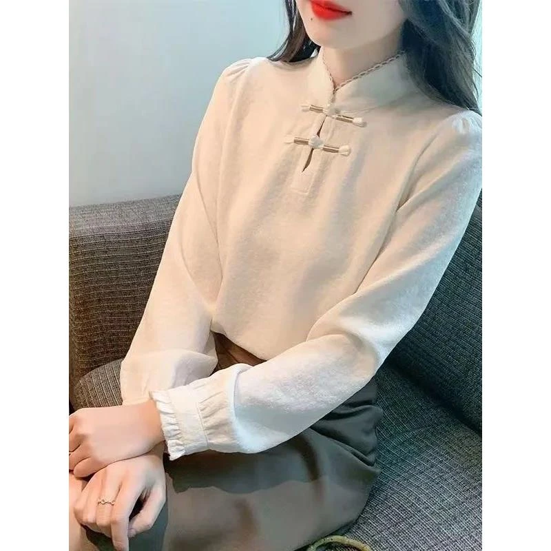 覆古国风立领长袖盘扣衬衫女装秋季新款打底洋气中式上衣
