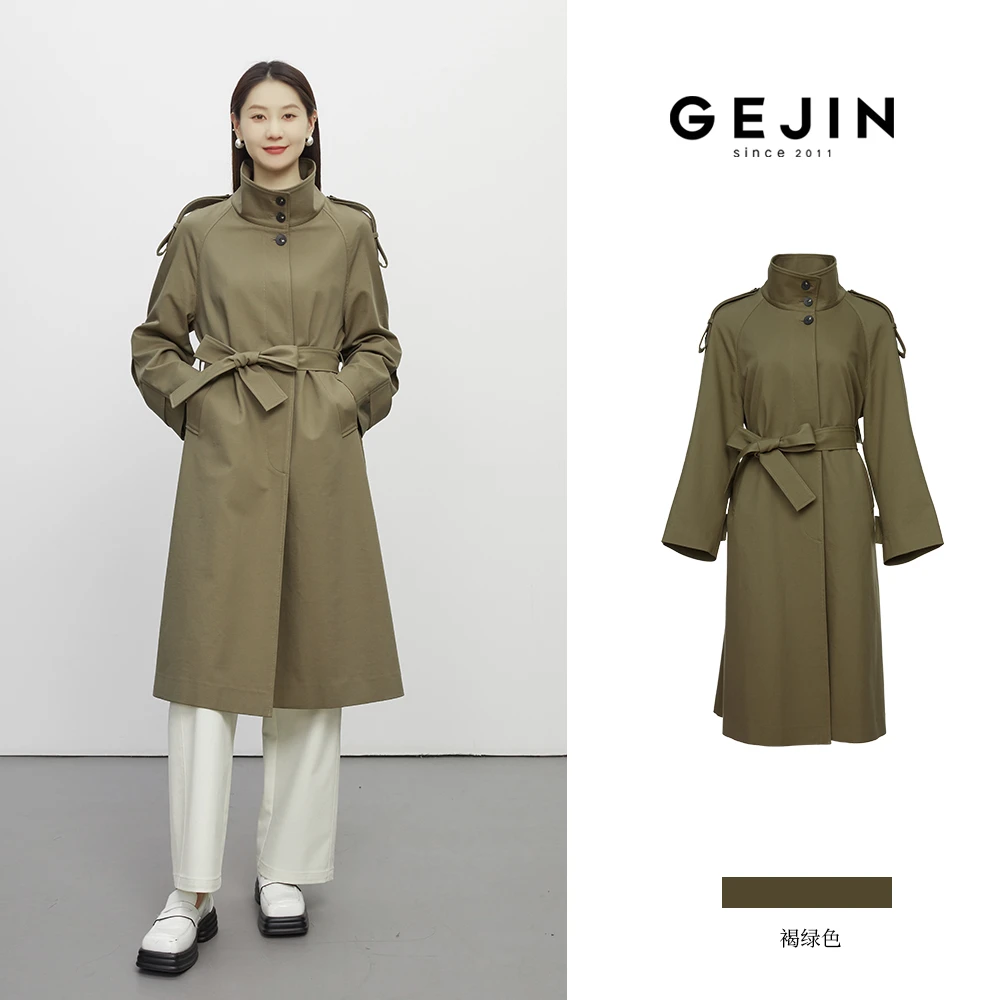 GEJIN/歌锦秋季新款英伦风褐绿色摩登立领长款风衣9342580324