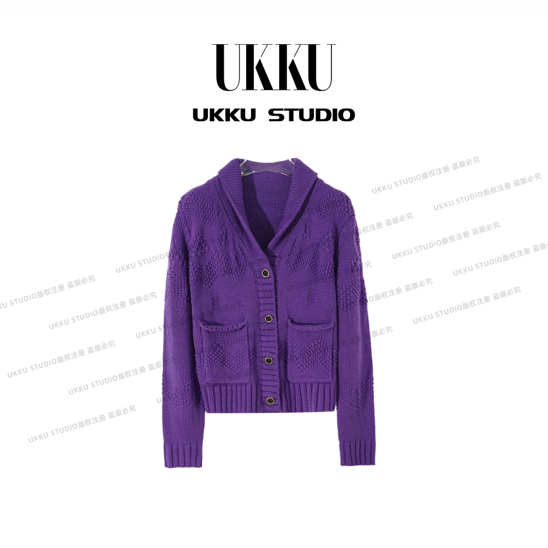 娟【UKKUSTUDIO】秋季女装紫色毛针织衫小香风秋冬长袖常规款315172