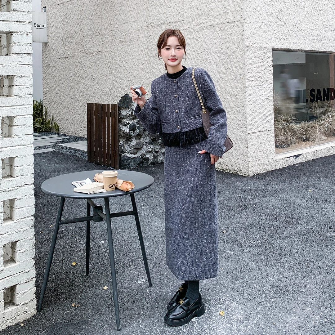 灰色优雅气质呢料套装女2025秋冬高级感轻熟法式外套半身裙两件套