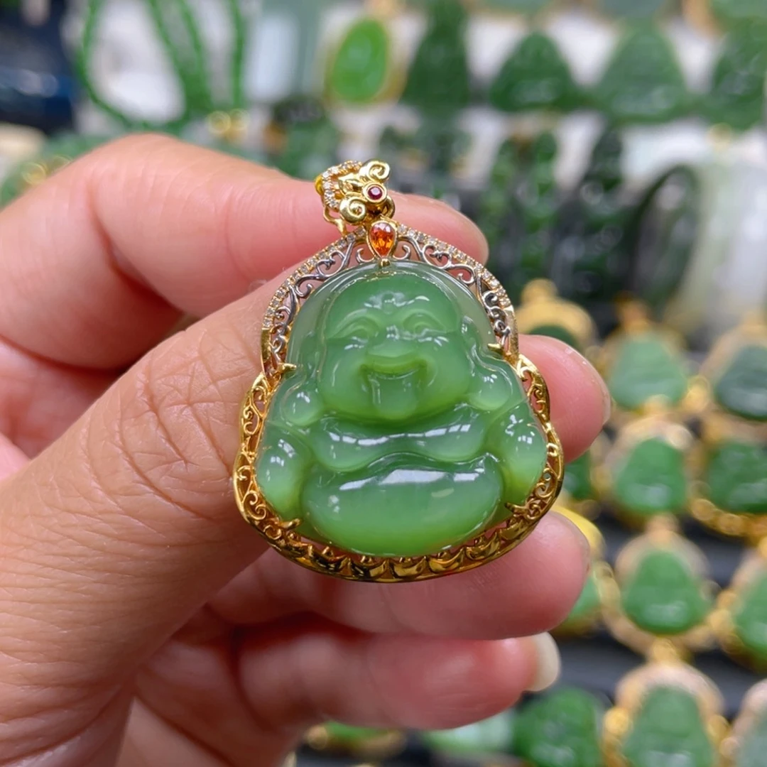 和田玉（碧玉）吊坠(不含链)18K金镶嵌