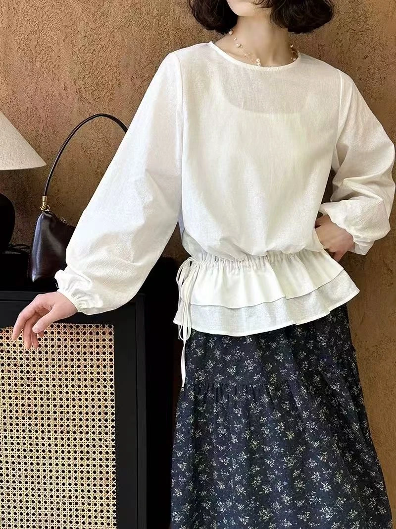 韩系春季新款简约纯色系带收腰显瘦长袖圆领衬衫