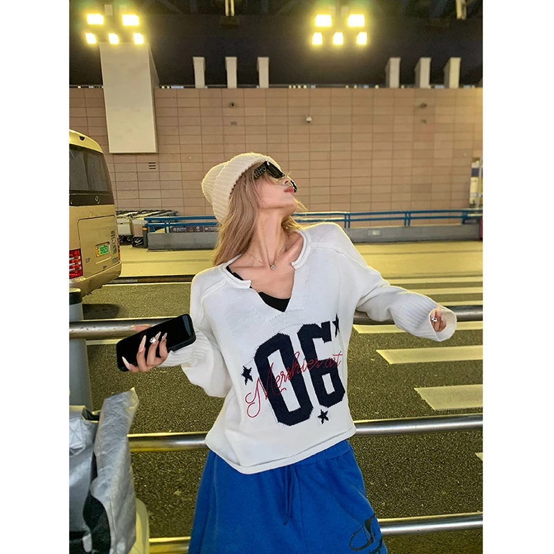 芊喜Studiio美式V领针织衫毛衣男女春秋休闲百搭上衣长裤两件套