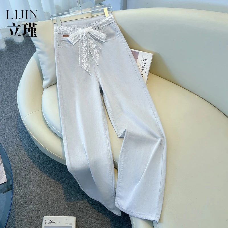 灰白色蕾丝阔腿牛仔裤女夏薄款2025新款窄版小个子宽松垂感直筒裤