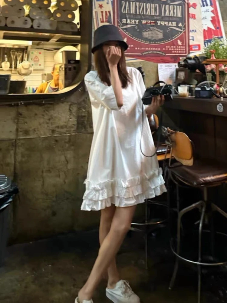 【大不里士】气质宽松小众休闲法式韩版设计感白色薄款夏季连衣裙