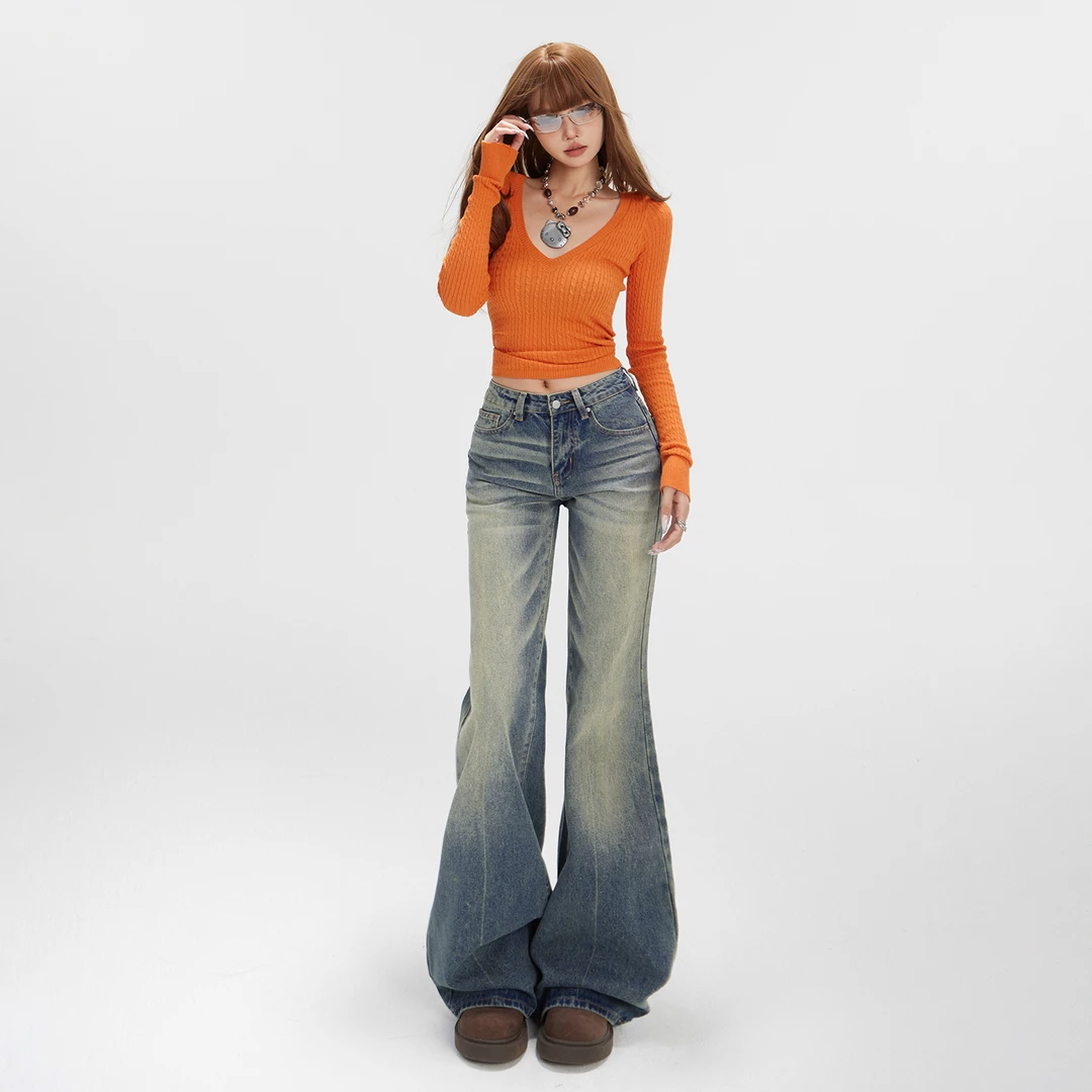 雨江亭美式复古水洗做旧低腰宽松喇叭裤百搭秋冬修身垂感牛仔裤女