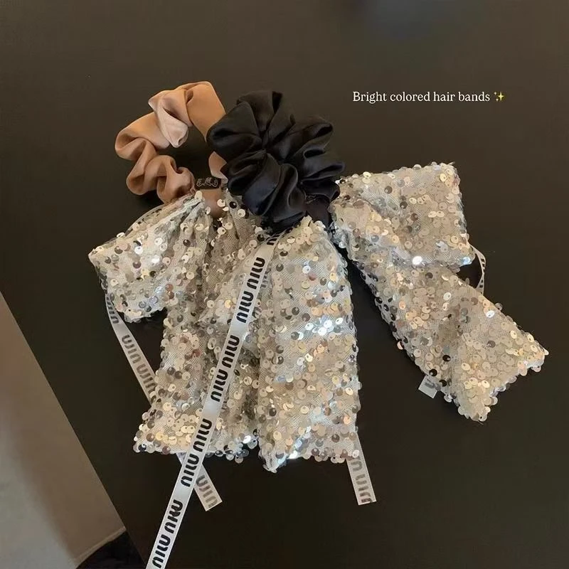 精致欧尼亮片飘带蝴蝶结缎面发圈名媛气质发饰女扎发女皮筋发绳