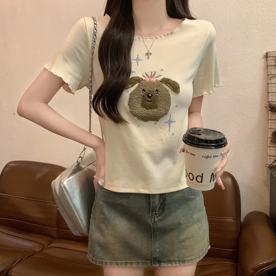 休闲风通勤显瘦小众圆领卡通休闲T恤夏季短款白色刺绣设计感短袖