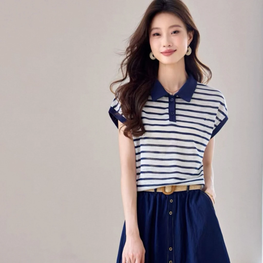 木禾家-女生条纹印花POLO领短袖上衣