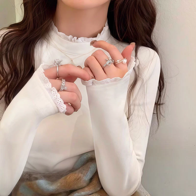 花边打底衫春秋新款半高领蕾丝内搭长袖T恤磨毛加厚上衣