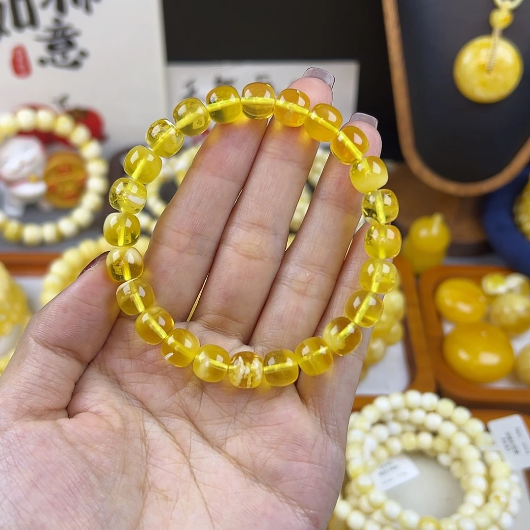 琥珀未镶嵌手链9.0 mm 金珀飘花