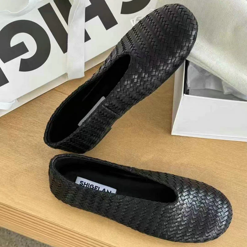 诗歌兰一脚蹬懒人鞋女2025新款真皮编织单鞋夏季乐福鞋女90021