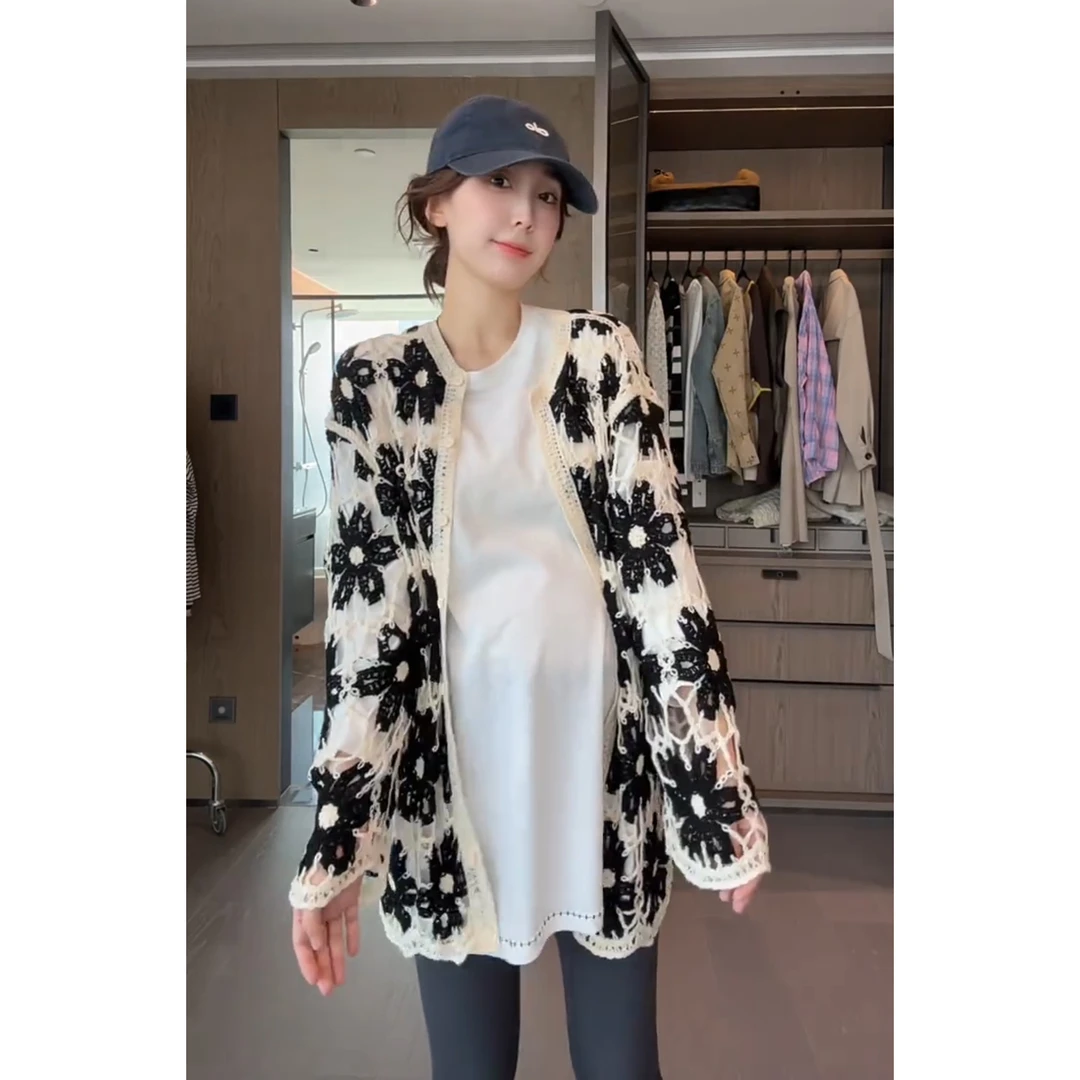 徐靖靖【镂空花纹】针织外套早秋新款气质时尚宽松洋气上衣2508201