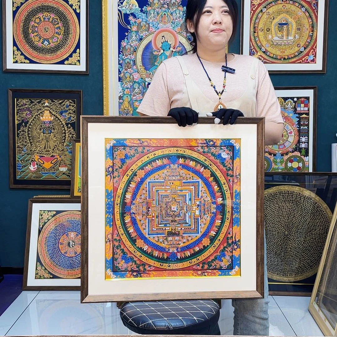 卷轴画手绘唐卡 时轮带框63厘米