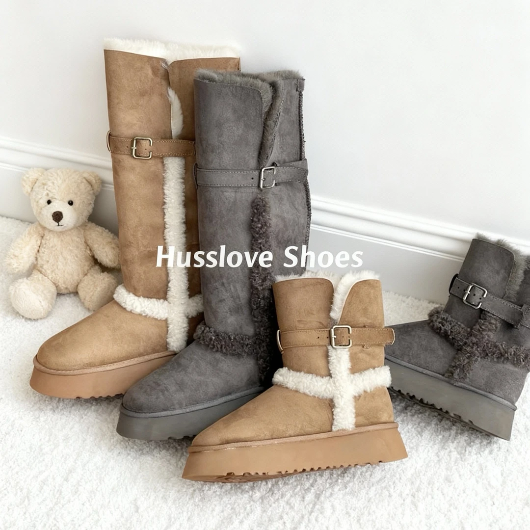 HUSSLOVE 麂皮绒·跟高4CM·经典百搭暖乎乎翻毛可两穿厚底雪地靴