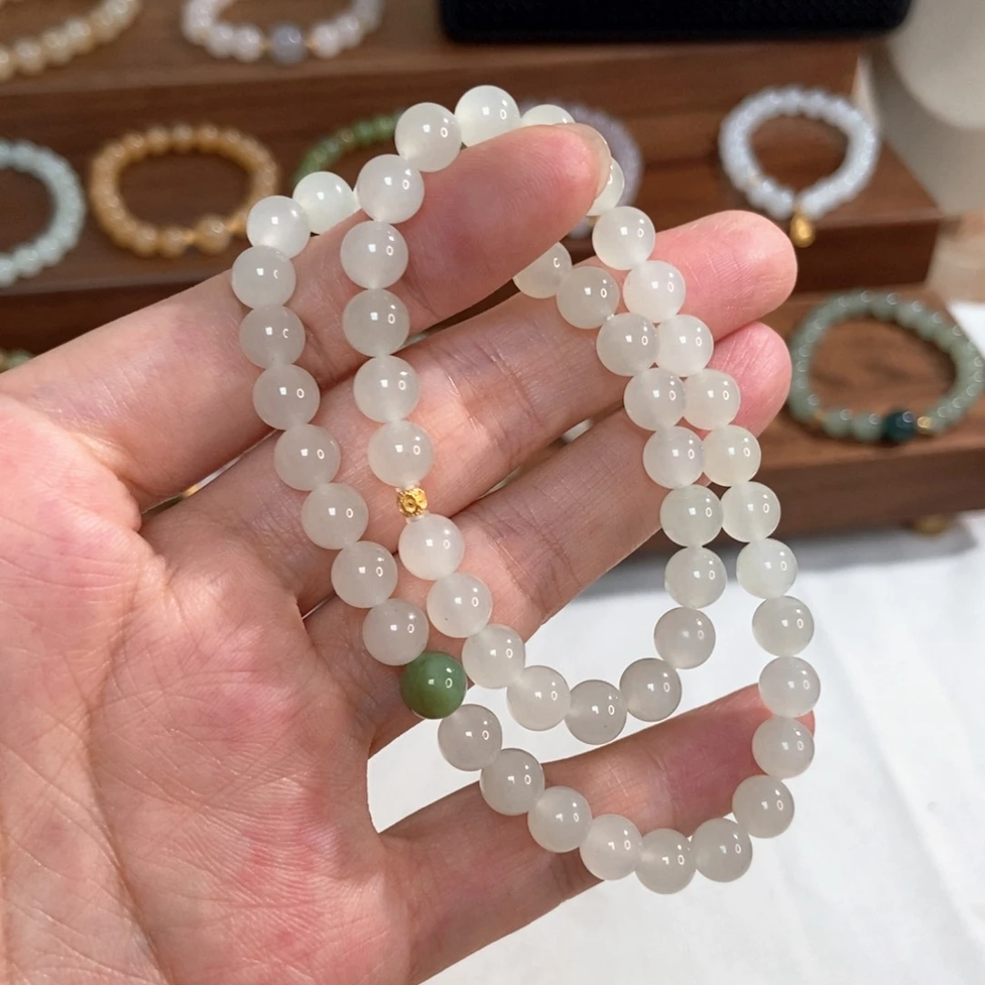 手链18K金镶嵌和田玉7mm晴白双圈