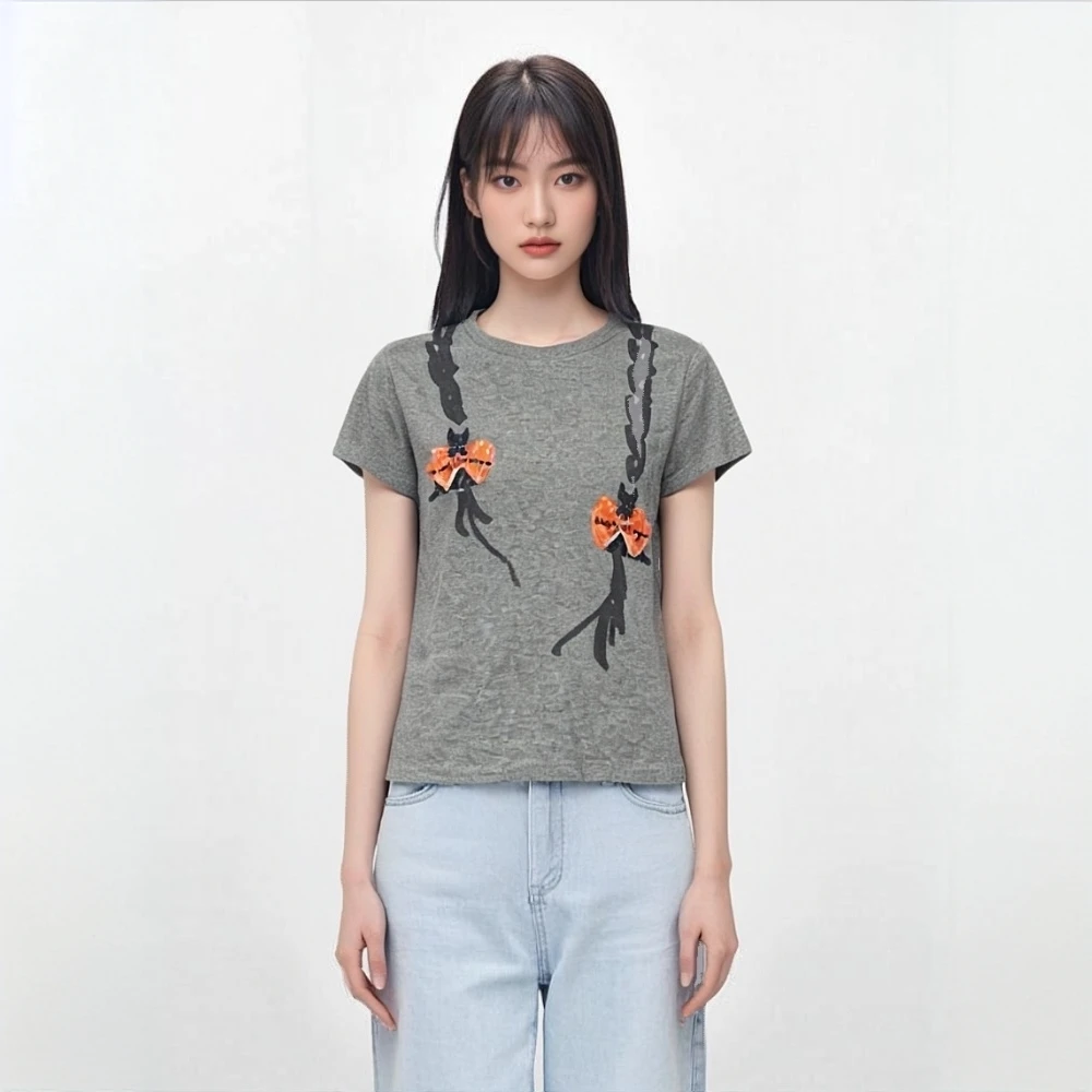 深圳南油【Miya】实拍灰色显瘦辫子印花女短袖修身上衣T恤夏季