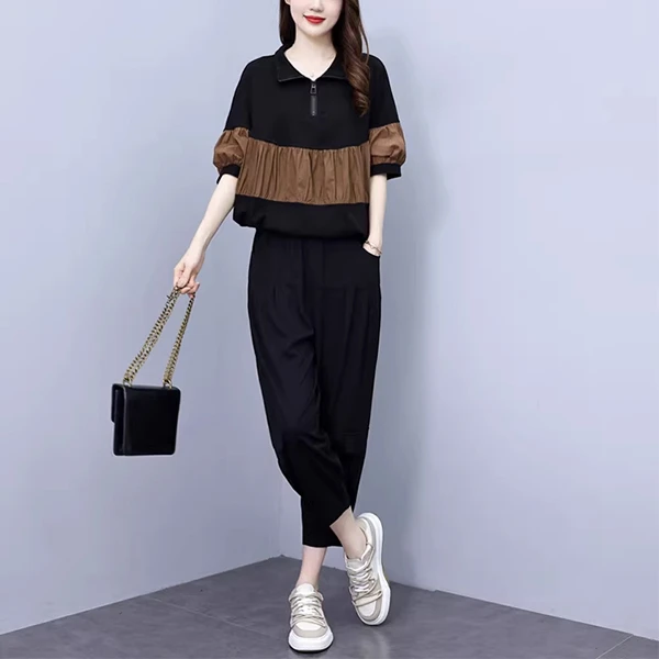 YX#时尚运动套装女夏新款韩版宽松休闲八分阔腿裤两件DY8680