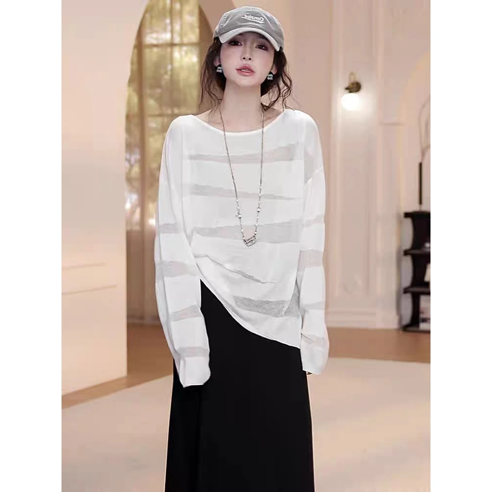 美爆了！时尚百搭圆领长袖针织衫女2025宽松显瘦减龄镂空微透上衣