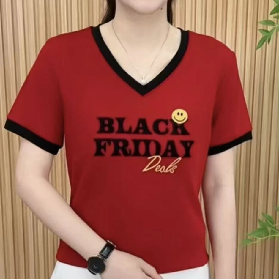 夏季新款V领拼色字母短袖