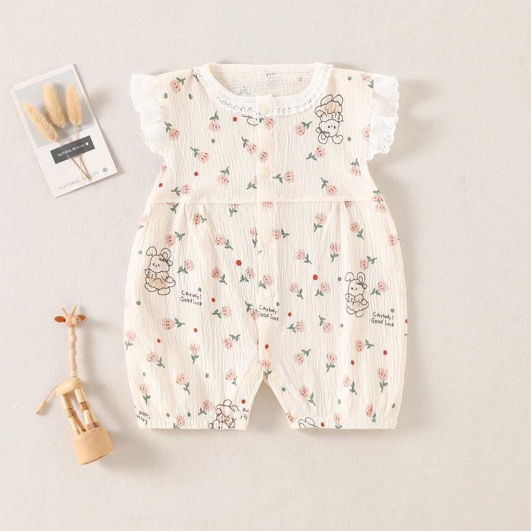 婴儿夏装连体衣薄款韩版女童碎花爬服短袖6月3宝宝哈衣可爱衣服