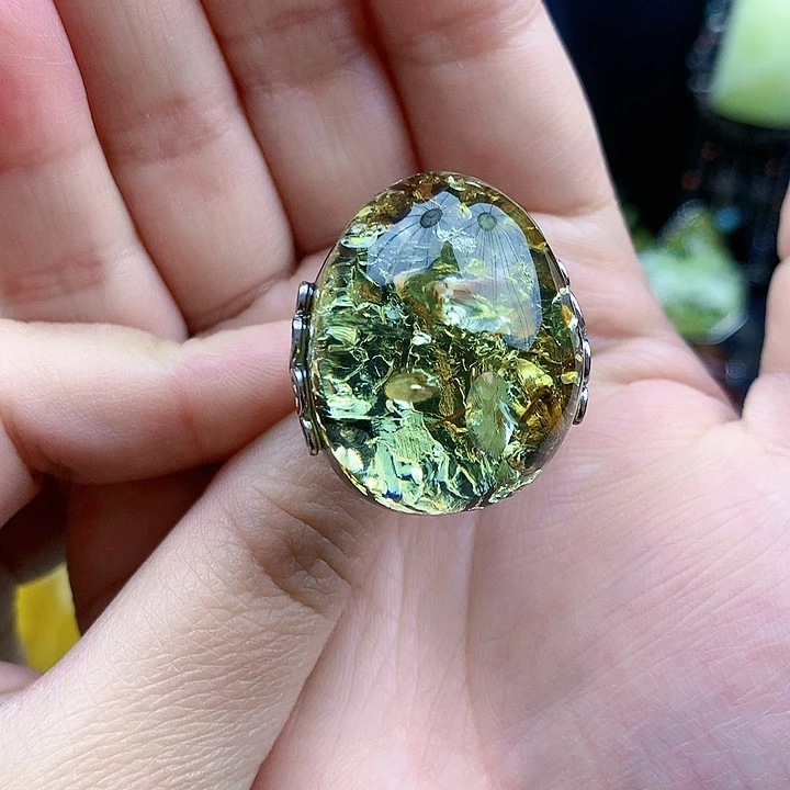 琥珀裸石银S925镶嵌戒指