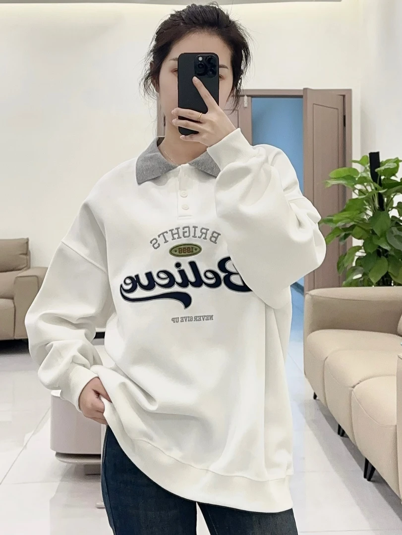 2025春季新款时尚感百搭休闲宽松韩系翻领大版不加绒卫衣