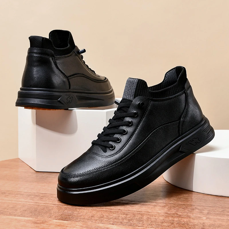 经典男士黑色高帮时尚百搭休闲鞋舒适防水防油牛皮鞋厨师防滑鞋