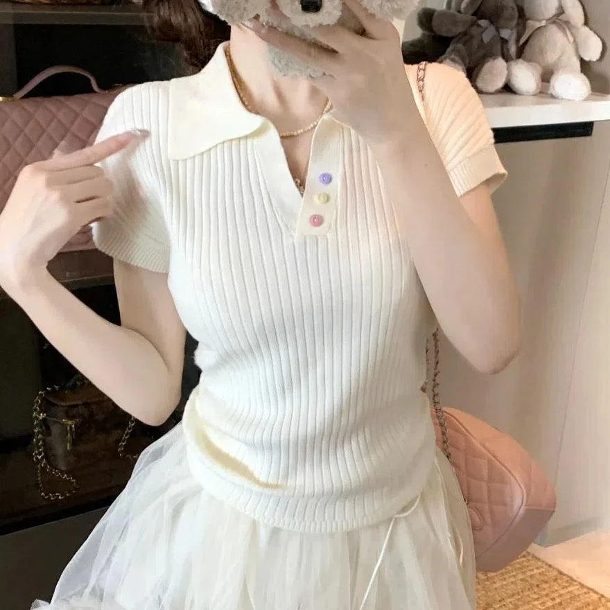 坑条polo领彩虹扣针织短袖女春夏2025新款卡腰款褶皱打底上衣T恤