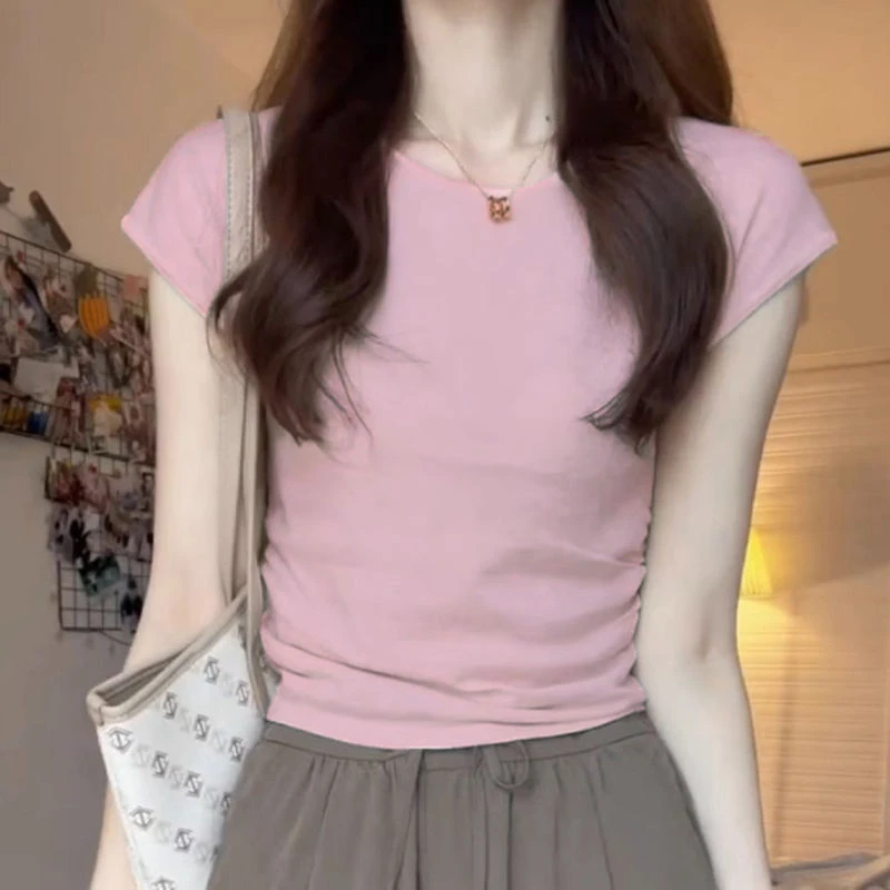 小飞袖t恤女短袖夏季新款短款美式复古修身显瘦粉色胖mm正肩上衣