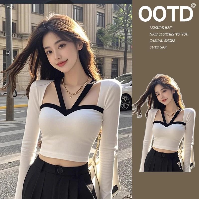 秋冬性感纯欲撞色挂脖v领打底衫女内搭设计感小众超好看短款上衣