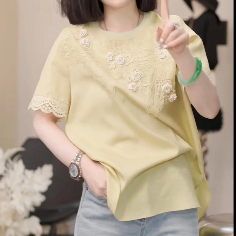 2025春夏欧若风立体玫瑰花苞刺绣复古圆领百搭短袖上衣LK2502437