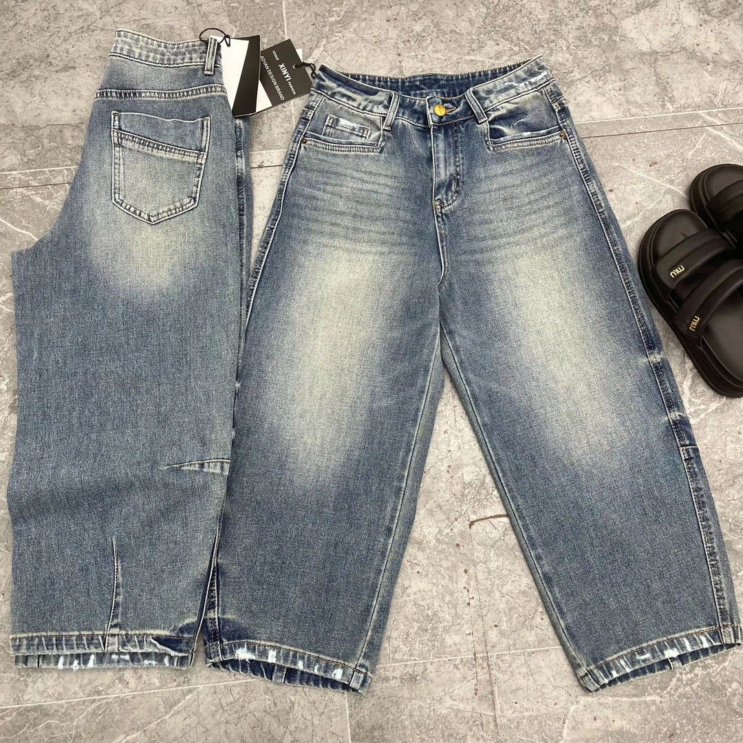 四面弹八分裤复古水洗做旧打磨设计弹力弯刀裤牛仔裤女15202