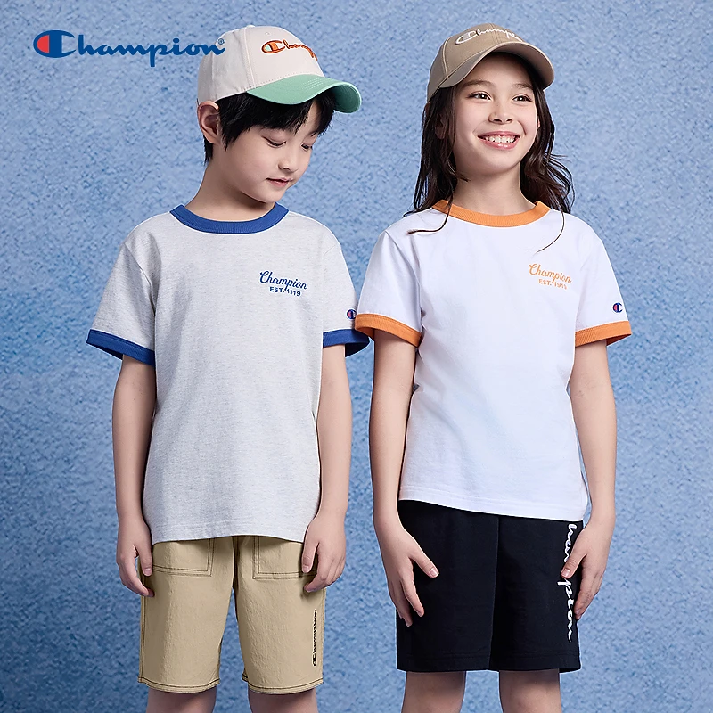 Champion冠军男女童装撞色简约纯棉圆领运动短袖T恤25SS-TX309